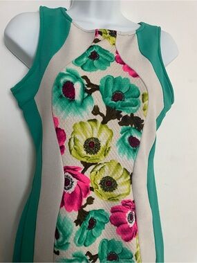 Sleeveless Floral Panel Dress in Teal and Cream